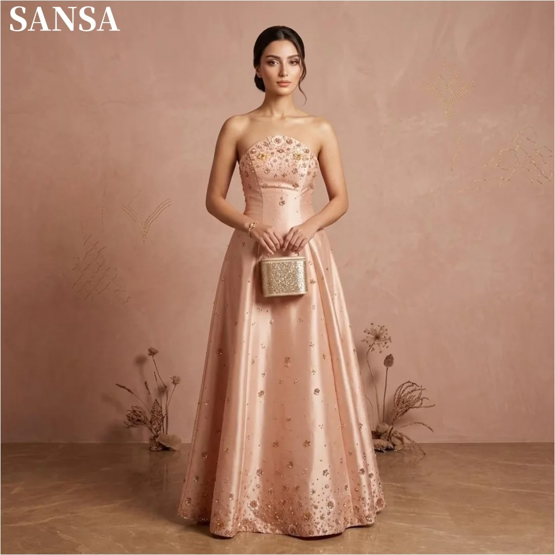 Sansa Customized Elegant Blush Pink women's formal evening gowns Strapless Rhinestone Beaded Gloss Satin Flowy Full Length Maxi