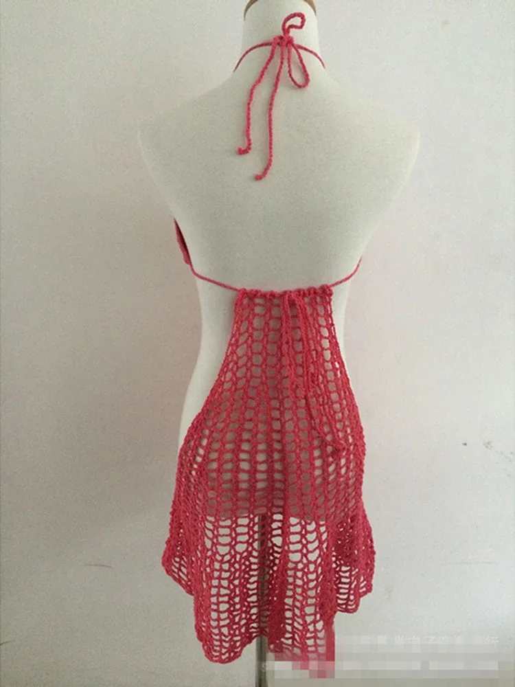New Beach Dress Women's Bikini Cover-Ups Knitted Cover-Up Dress Lace-Up Sexy Backless Hollow Out Crochet Summer New Beachwear