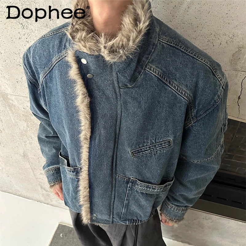

Men's 2025 Winter New Stand Collar Design Stylish Denim Jackets Long Sleeve Loose Comfort Coats Men's Handsome Warm Denim Coats
