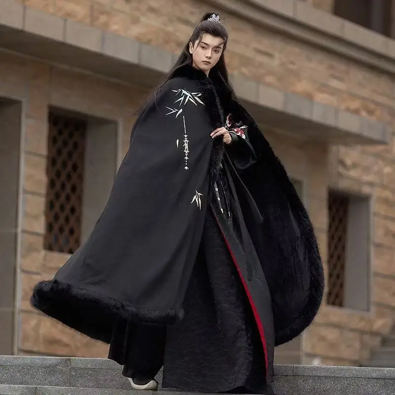 

Original Bamboo Embroidery Hanfu Cloak Men's Thicken Plush Collar Traditional Outer Long Robe Ancient Royal Knight Cosplay Cape