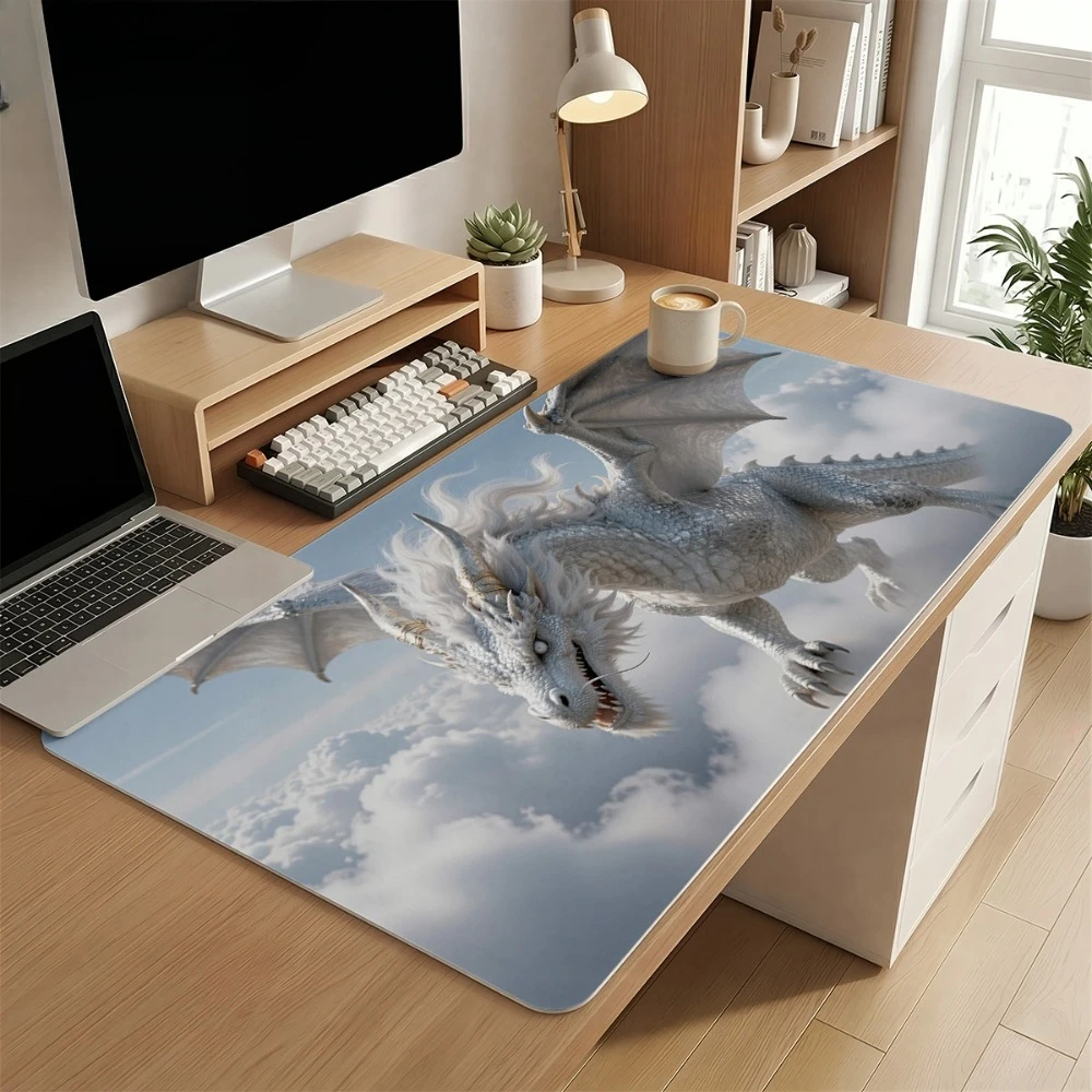 The pattern depicts majestic white dragon spreading its wings soaring high above the clouds alfombrilla ratón mouse pad grande
