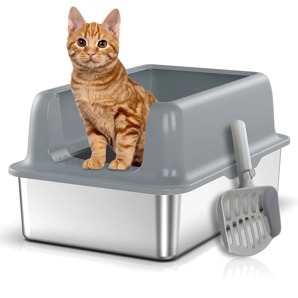 Oversized Open Style Stainless Steel Cat Litter Box Raised Fence High Absorption Splash Proof Cat Toilet Poop Basin Cats Dogs