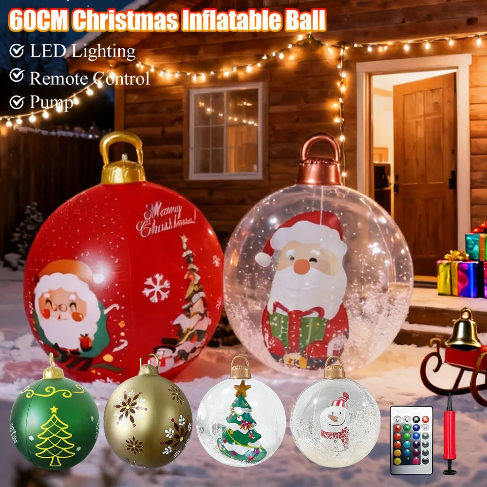 Boule de noël gonflable géante en PVC, 60cm, boules décoratives, lumière LED, ballon de décoration avec télécommande et pompe
