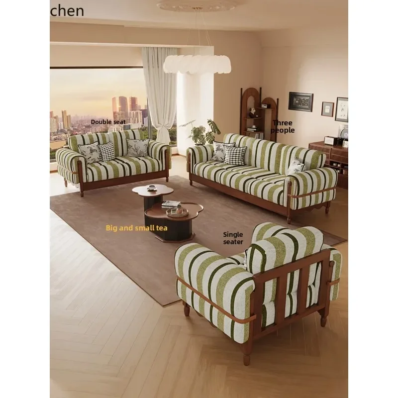 DSA  French Retro Solid Wood Sofa For Home Living Room Small Apartment Three-Seater Straight Fabric Sofa Set