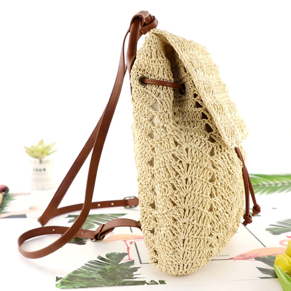 Fashion Straw Shoulders Backpack Woven Women Beach Holiday Bucket Purse Bag