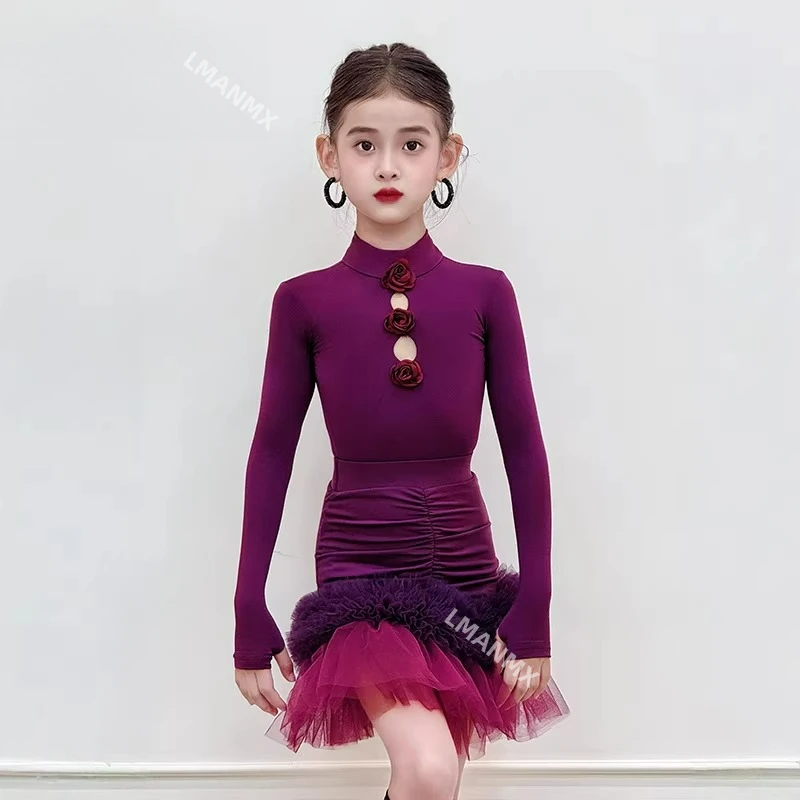 2025 Autumn/Winter New Latin Dance Dress Children's Long Sleeve Mesh Practice Dress Girls' Dance Performance Dress