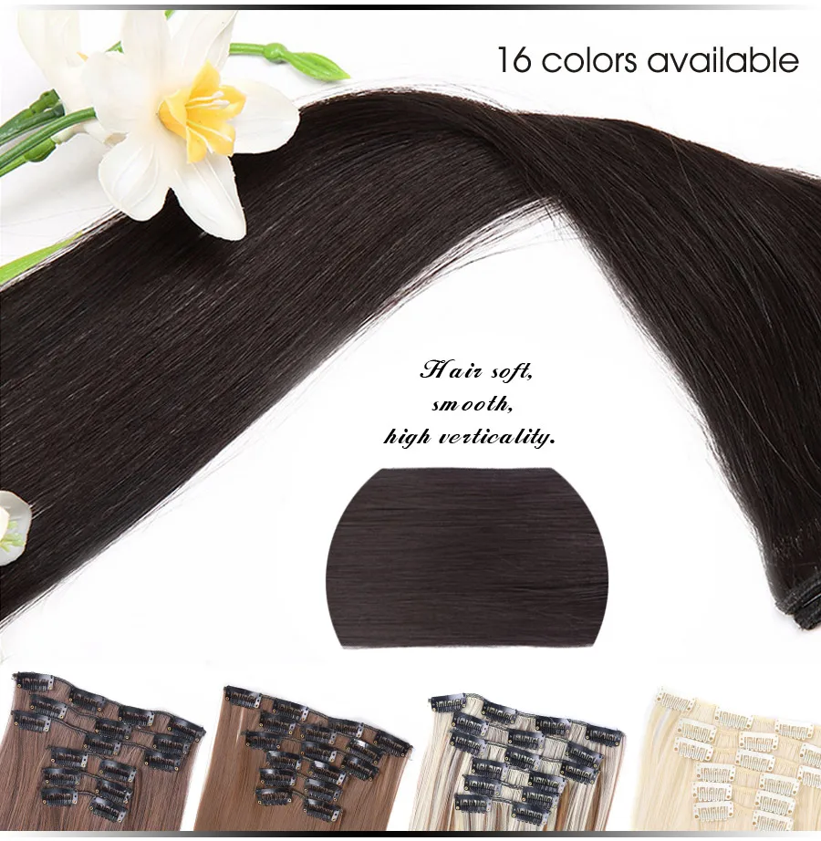 16 Clips In Hair Extensions 22 Inches Straight Hairpieces 6Pcs/Set Heat Resistant Synthetic Fiber Full Head Diy Hair Extensions