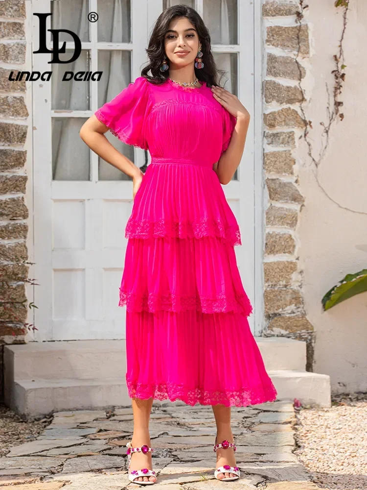 LD LINDA DELLA Fashion Runway Summer Women Short sleeves High waist lace ruffles solid color pleated Dress