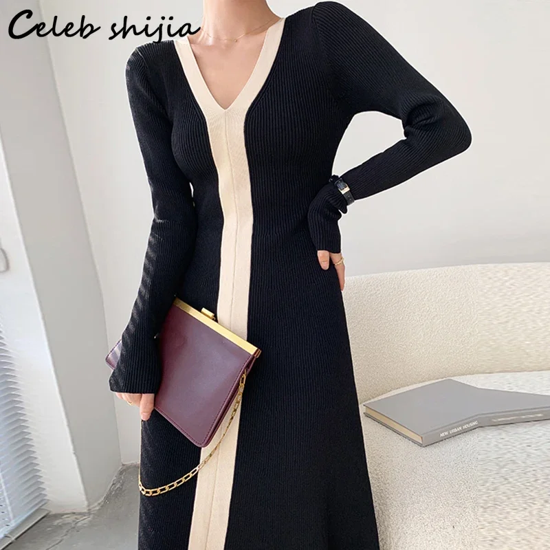 Black Chic Woolen Dress Women Elegant Fall 2023 Winter Business Knitted Vestidos Women Clothing Autumn Streetwear Knitwear