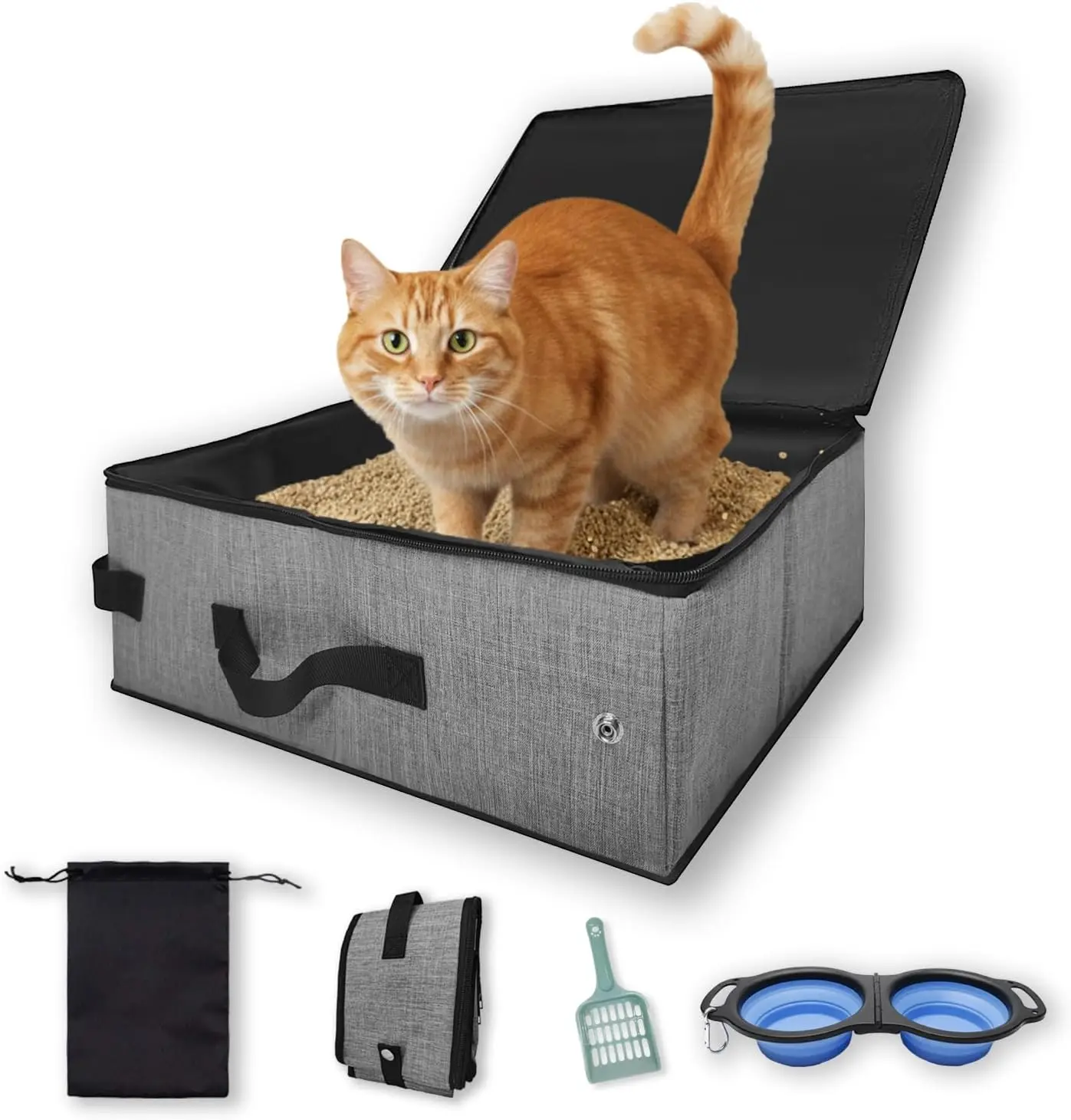 

Дорожный лоток для кошек с крышкой, складной портативный лоток с силиконовой складной миской, совком для наполнителя и... (дополнительные элементы, если применимо)