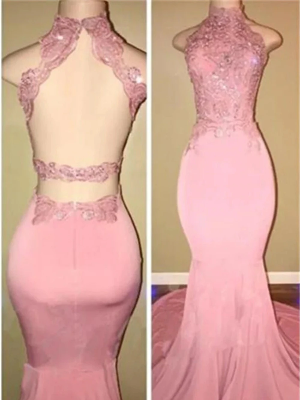 Sprankelende Halter Avondjurk Roze Fluwelen Appliques Zeemeermin Partij Eleagnt Prom Dress Rugloze Jurk Tot Op De Grond Robe De Mariée