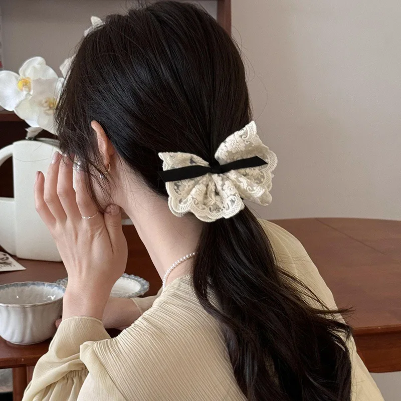 

Новые французские кружевные резинки для волос с бантом, двухслойные, мягкие, эластичные, для женщин, для низкого хвоста и пучка, винтажные, 2026