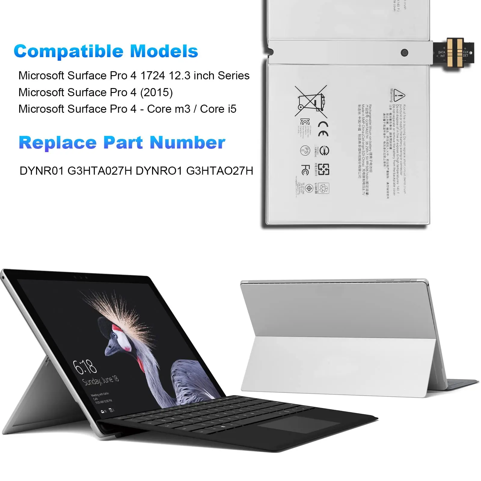 Imagem -02 - Substituição da Bateria do Portátil para o Microsoft Surface Pro Dynr01 G3hta027h 1724 12.3 Polegada Tablet Dynro1 G3hta026h G3hta027h