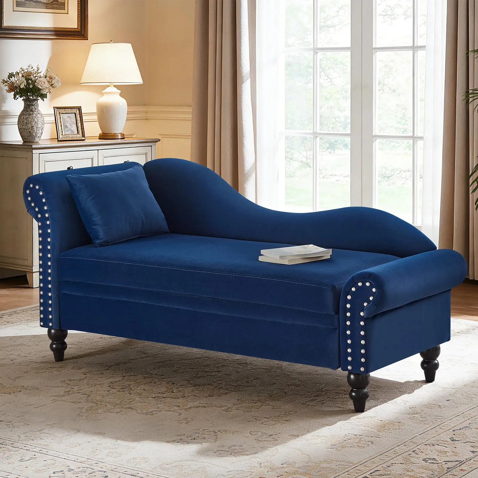 Chaise Lounge Indoor with Storage, Left Arm Facing Upholstered Velvet Lounge Chair with Nailhead Trim & Rolled