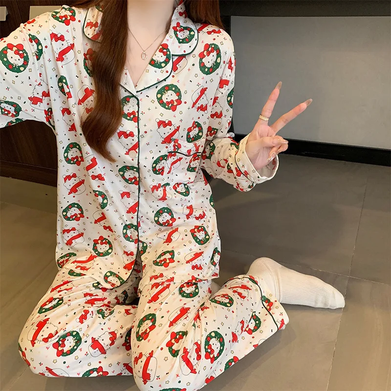 

Sanrio Hello Kitty Christmas Pajama Sets Kawaii Cartoon Women Autumn Fashion Long Sleeves Long Pants Leisure Homewear New Style