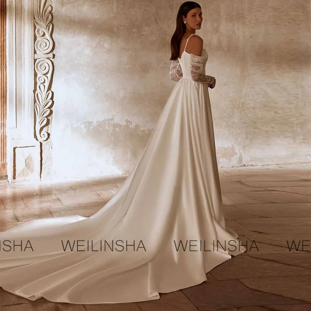 High Quality Wedding Guest Dresses Satin A-line Wedding Party Dresses Ivory Sweetheart Lace Gloves Tailing Wedding Dresses Women