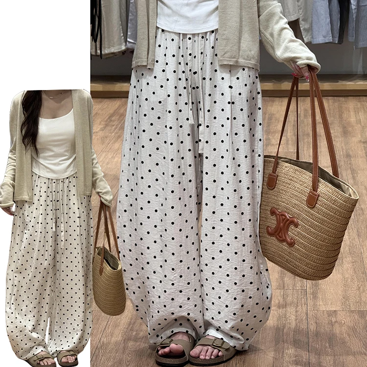 슬림 폴카 도트 와이드 레그 팬츠 여성용 여름 2025 신상 루즈 캐주얼 바지 하이 웨이스트 롱 팬츠 폴리에스터 섬유
