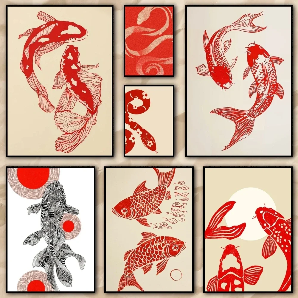لوحة سمكة كوي حمراء عتيقة ملصق عالي الدقة لغرفة المعيشة وغرفة النوم والديكور الجمالي