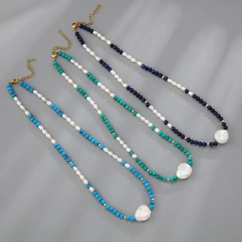 Beaded necklace Pearl law Natural stone Design Hand knitting Bohemia Adjustable Turquoise Tide Simple Rice bead necklace