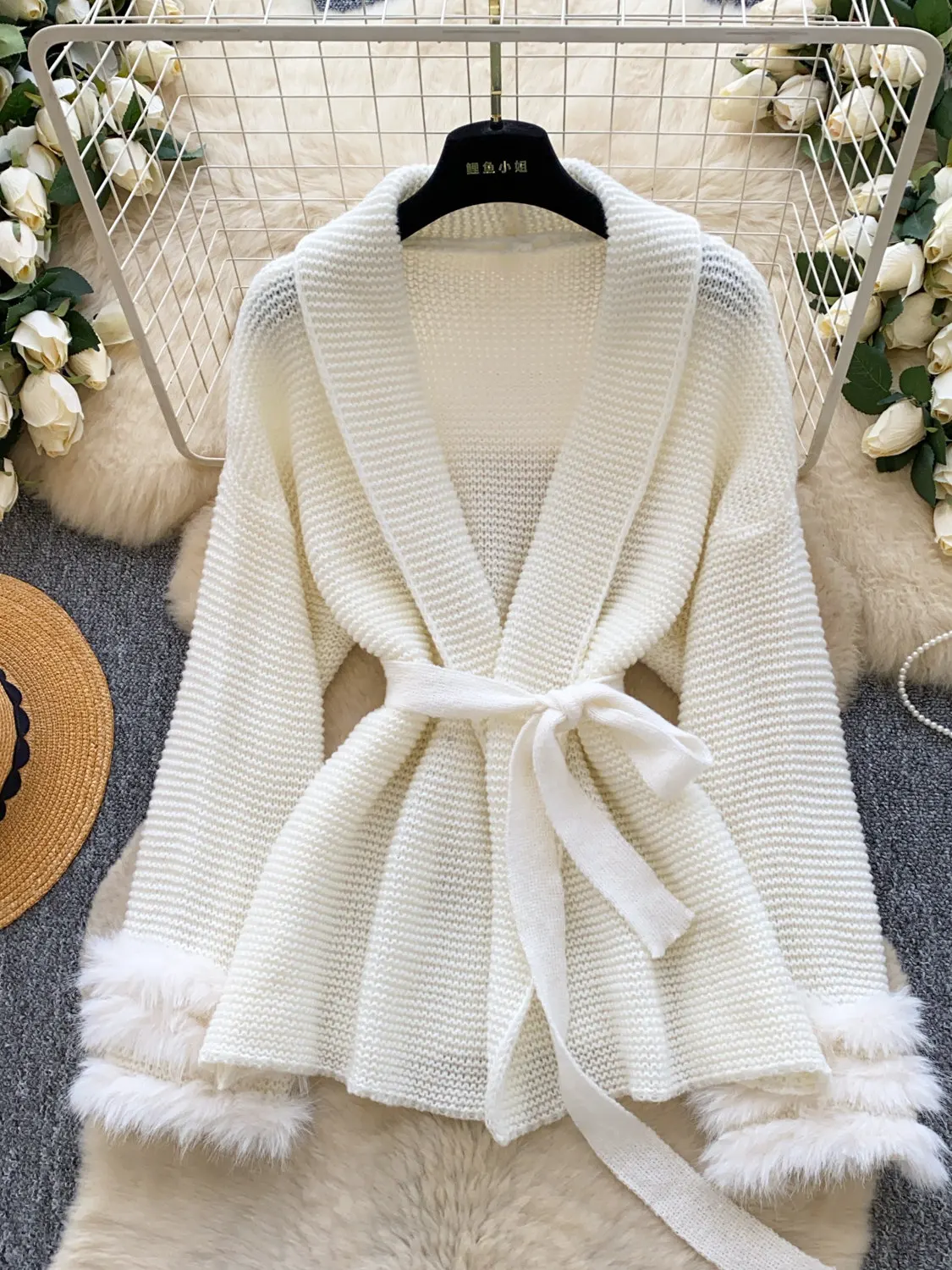 

2026 New Autumn Women V-neck Long Sleeve Knitted Cardigan Fluffy Patchwork Design Bandage Waist Loose Sweater Tops