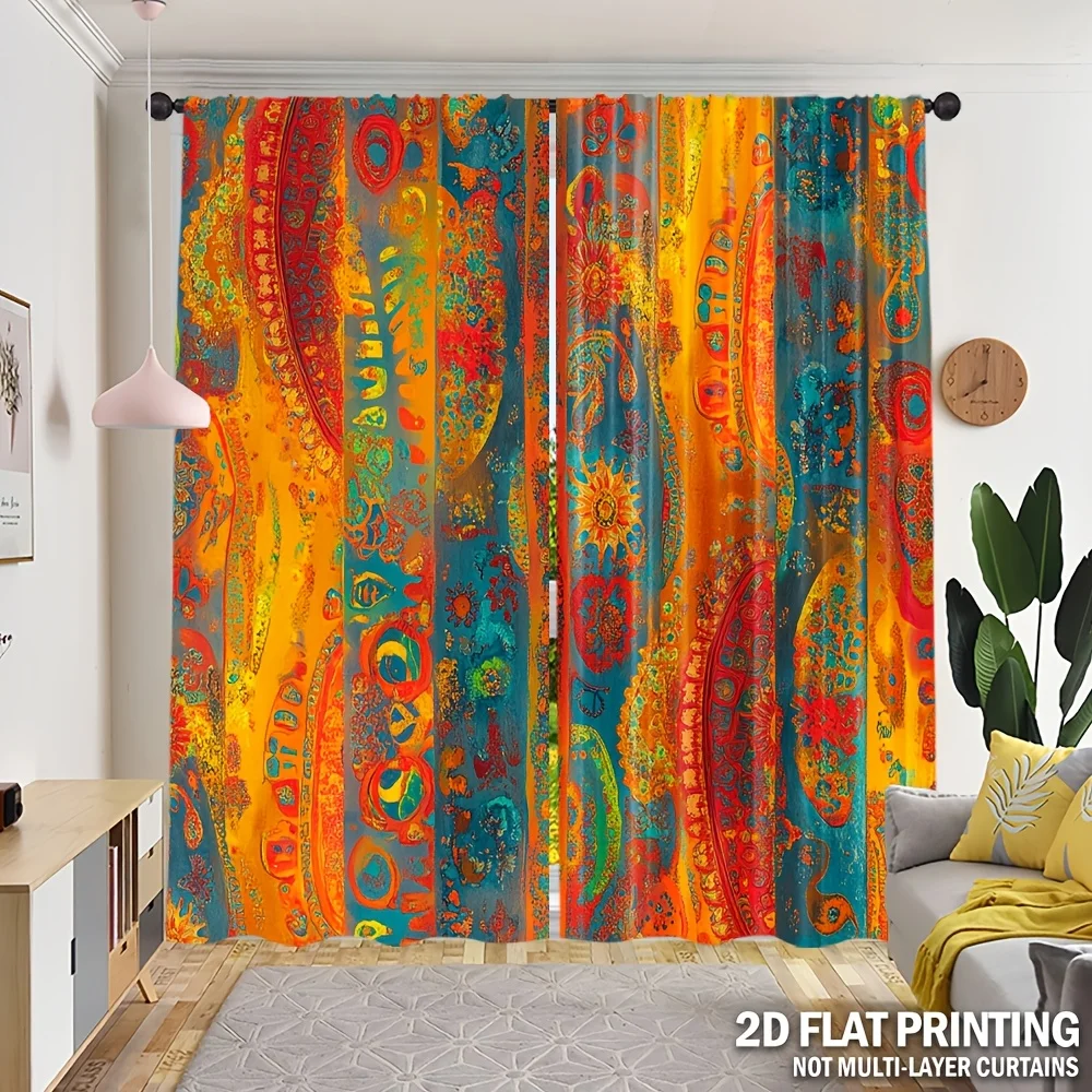 2Pcs,Bohemian Hippie Printed Curtains - Vibrant Spirit Flowers and Pacilli Patterns for Living Rooms Kitchen Bedrooms Home Decor