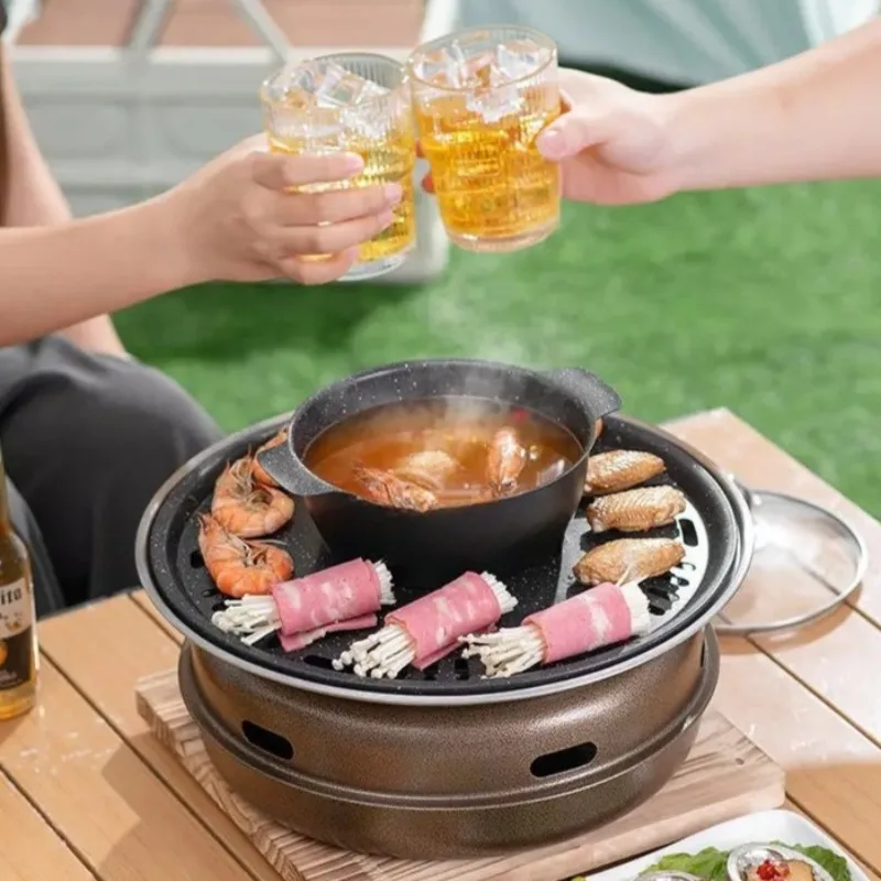 Portable Japanese Cast Iron Grill, Dual-Purpose BBQ & Hot Pot Grill for Outdoor Camping & Campfire Charcoal Fired Folding Design