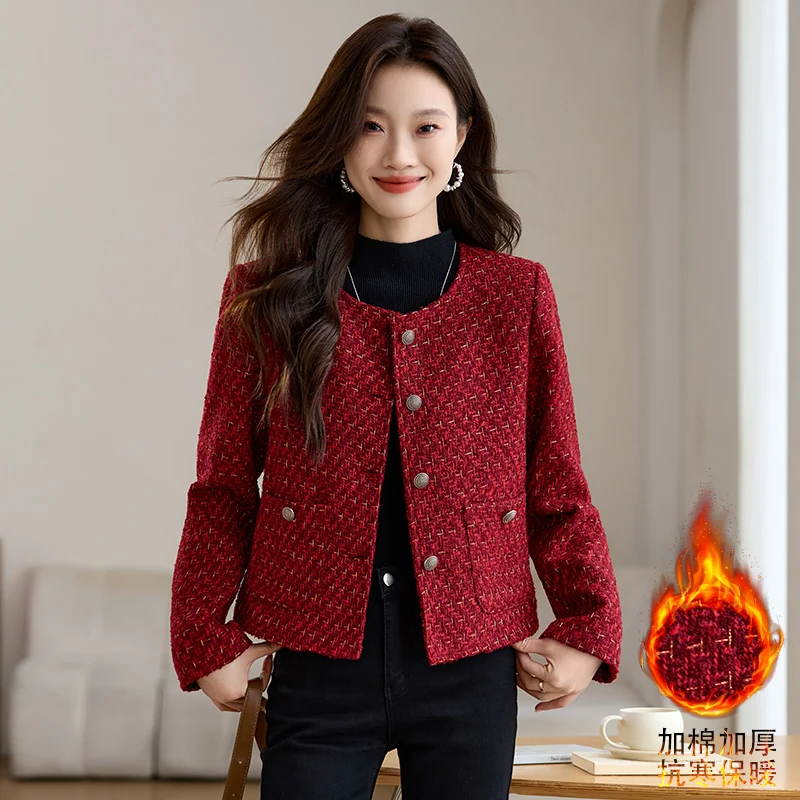 2024 New Autumn Winter Women Single Breasted Slim Jacket High Quality Elegant Thicken Cotton-padded Red Tweed Jacket Outwear