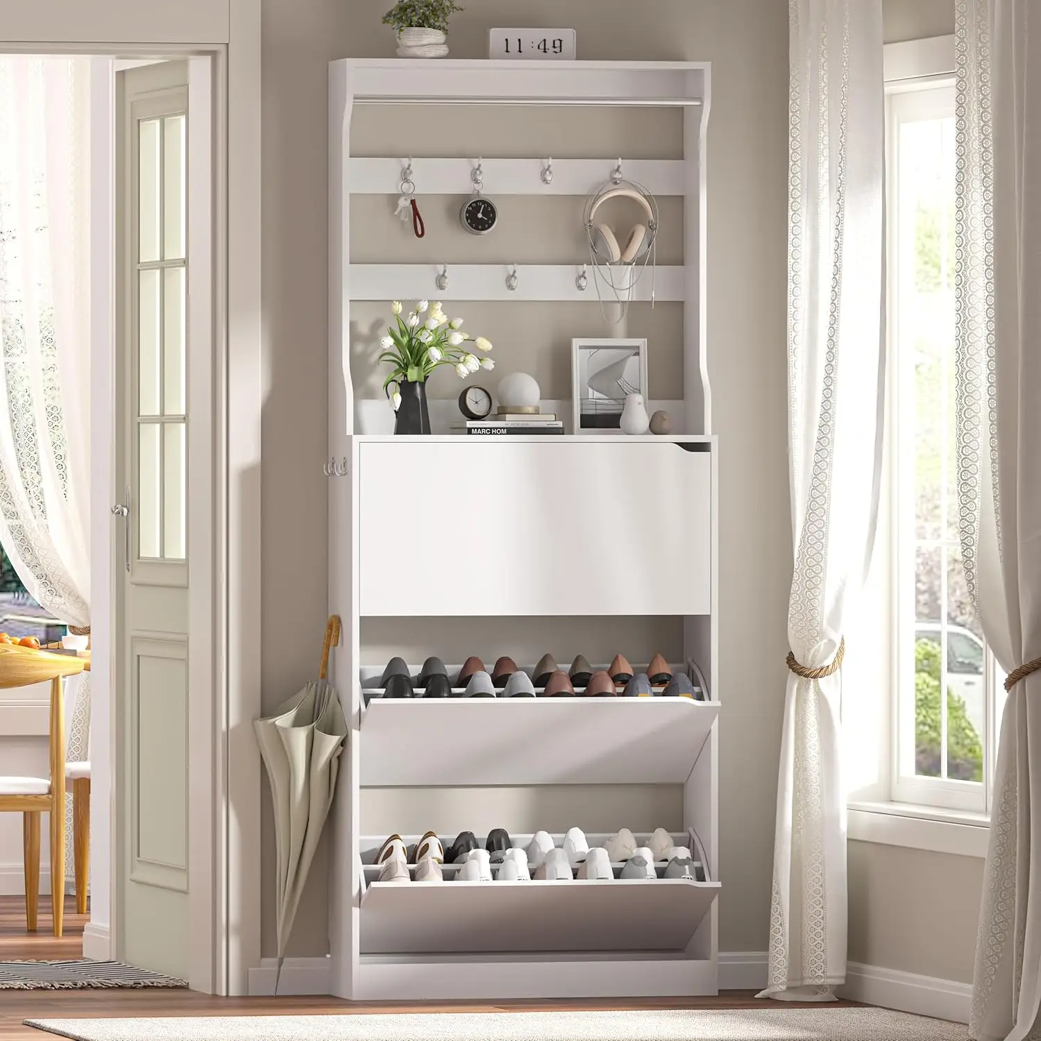 Schuhschrank-Aufbewahrung für den Eingangsbereich, schlankes, freistehendes Holzregal mit 3 Klappschubladen, hoher weißer Schuh-Organizer für den Flur