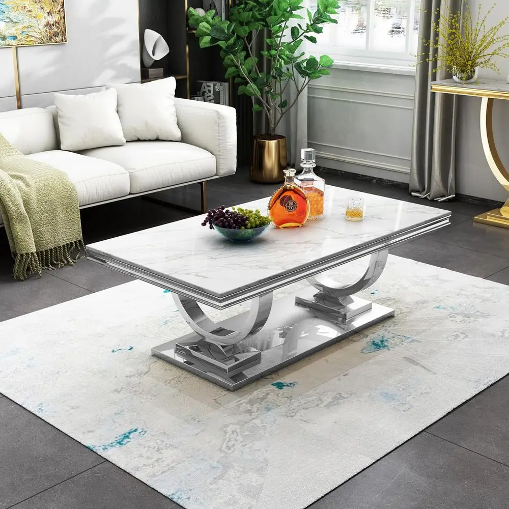 

Elegant 47 White Marble Coffee Table with Stainless Steel Pedestal for Living Room and Office