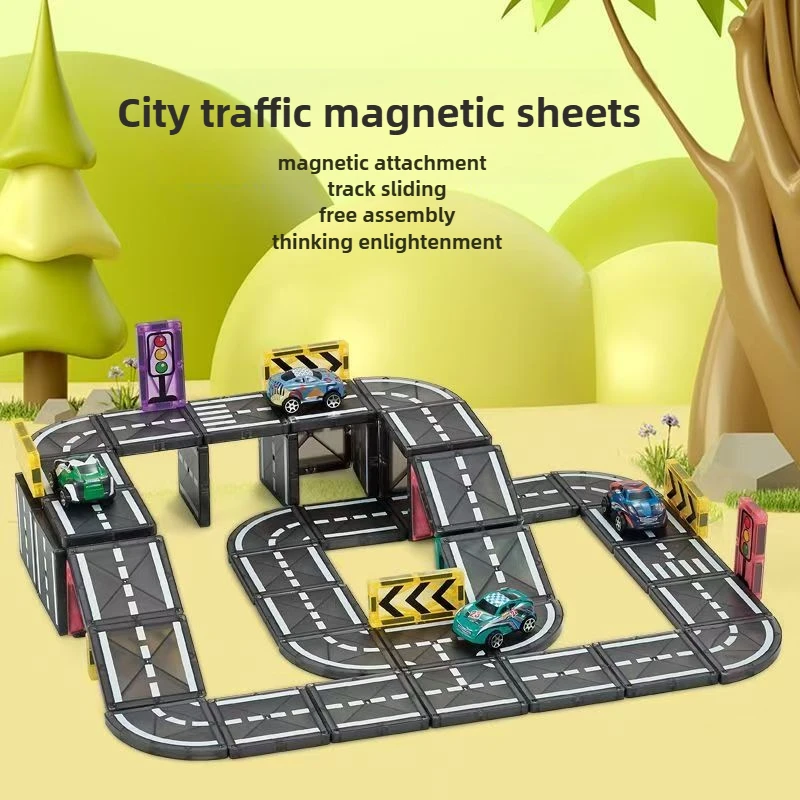 Kreatywna, kolorowa magnetyczna tablica okienna dla dzieci, zestaw do samodzielnego montażu, model ulicy z drogami i samochodami, magnetyczne klocki, układanka, zabawka, prezent dla dzieci.