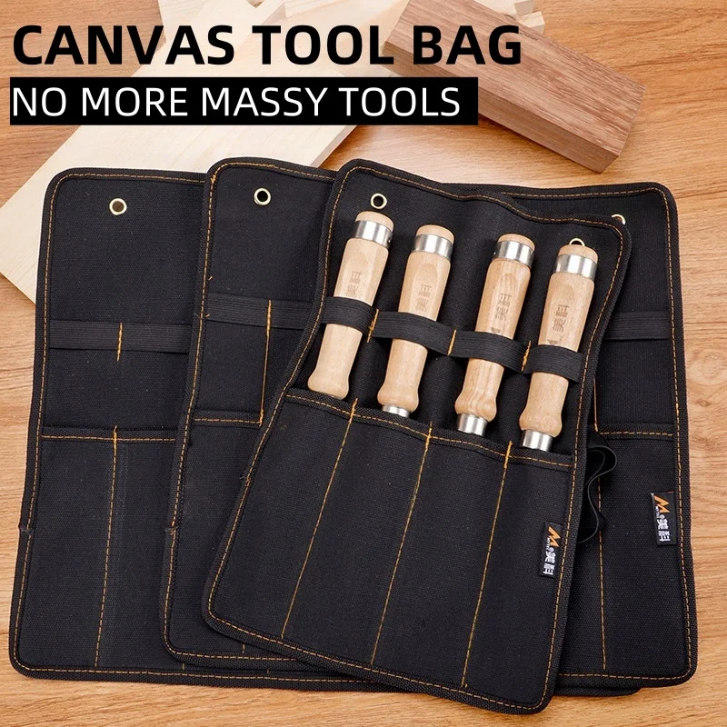 ALLSOMEChisel Carrying Case Canvas Pocket Tool Roll Holder Wrench Pouch Organizer For Knife Hammers Gouges Carpenter