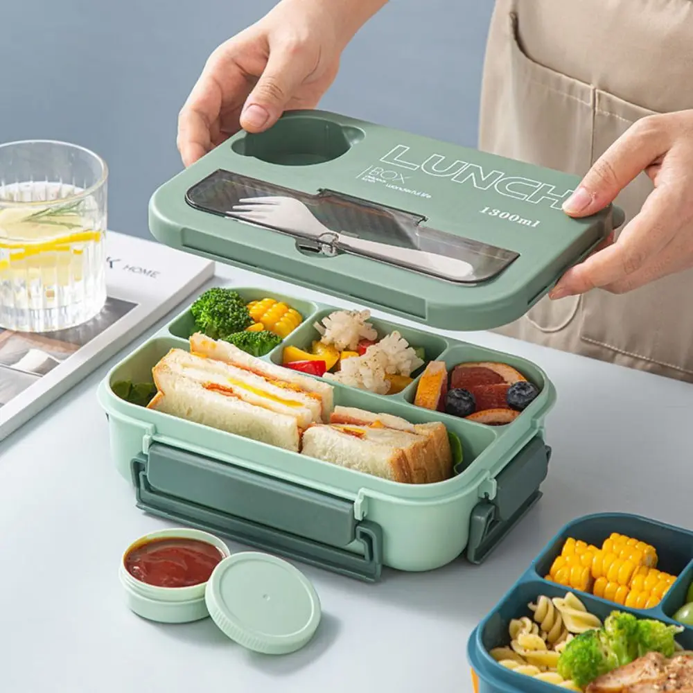 Microwaveable Sealed Lunch Box Four Grids PP Food Storage Container with Fork and Spoon Large Capacity Portable Lunch Containers