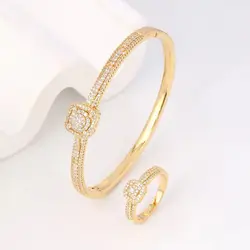 A set of women's new classic luxury elegant hollow zirconium cubic square design sense of daily all-match bracelet ring set
