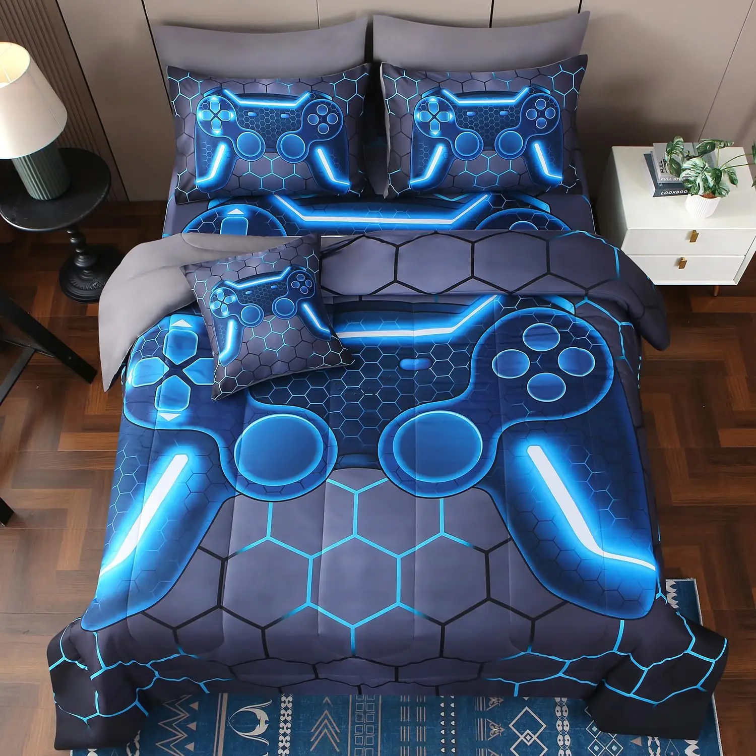 Jqinhome Full Gamer Comforter Set 8 Piece Bed In A Bag For Boys,3D Video Game Bedding -All Season Soft Microfiber Down