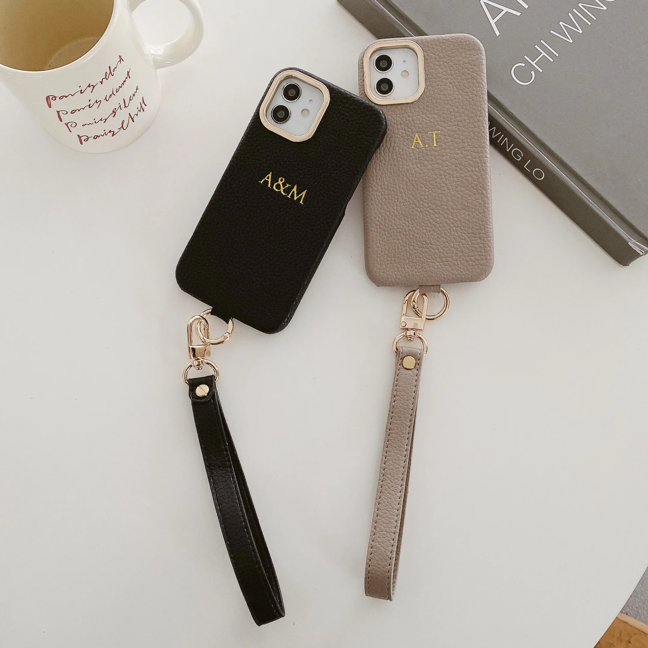 Luxury Leather Custom Name Leather Hand Rope Gold Letters Phone Case For iPhone 15Promax 14 14ProMax 14Plus 13Promax 13 12 11