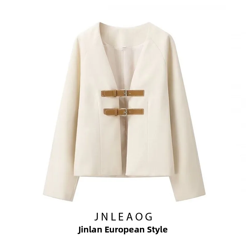 سترة نسائية جديدة من JNLEAOG لموسم الربيع بتصميم عصري من الجلد الصناعي المرقع، قصة مستقيمة بأكمام طويلة وياقة على شكل V مع إغ... #3