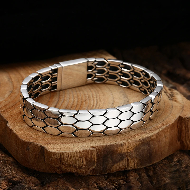 OUYADI 925 Sterling Silver Vintage Handcrafted Honeycomb Weave Bracelet Men Punk Daily Wear Fine Jewelry