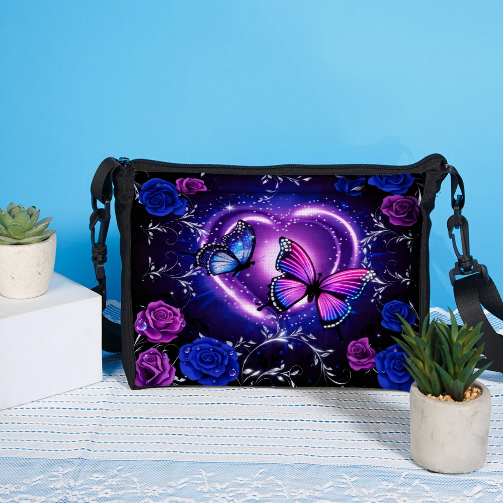 1pc Fashion Crossbody Bag Purple Butterfly And Rose Print Shoulder Bags For Women Casual Daily Use Travel Shopping Party Elegant
