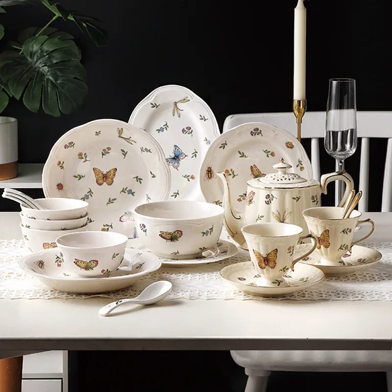 

Retro Creative Dragonfly Butterfly Ceramic Tableware Set Personalized Vegetable Plate Western Food Plate Household Noodle