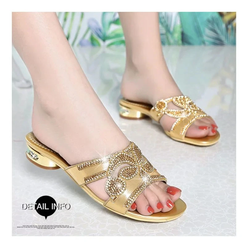 Bohemian Rhinestone Sandals for Women Summer High Heels Gladiator Sandals Woman Slip On Beach Slippers Flip Flops Shoes