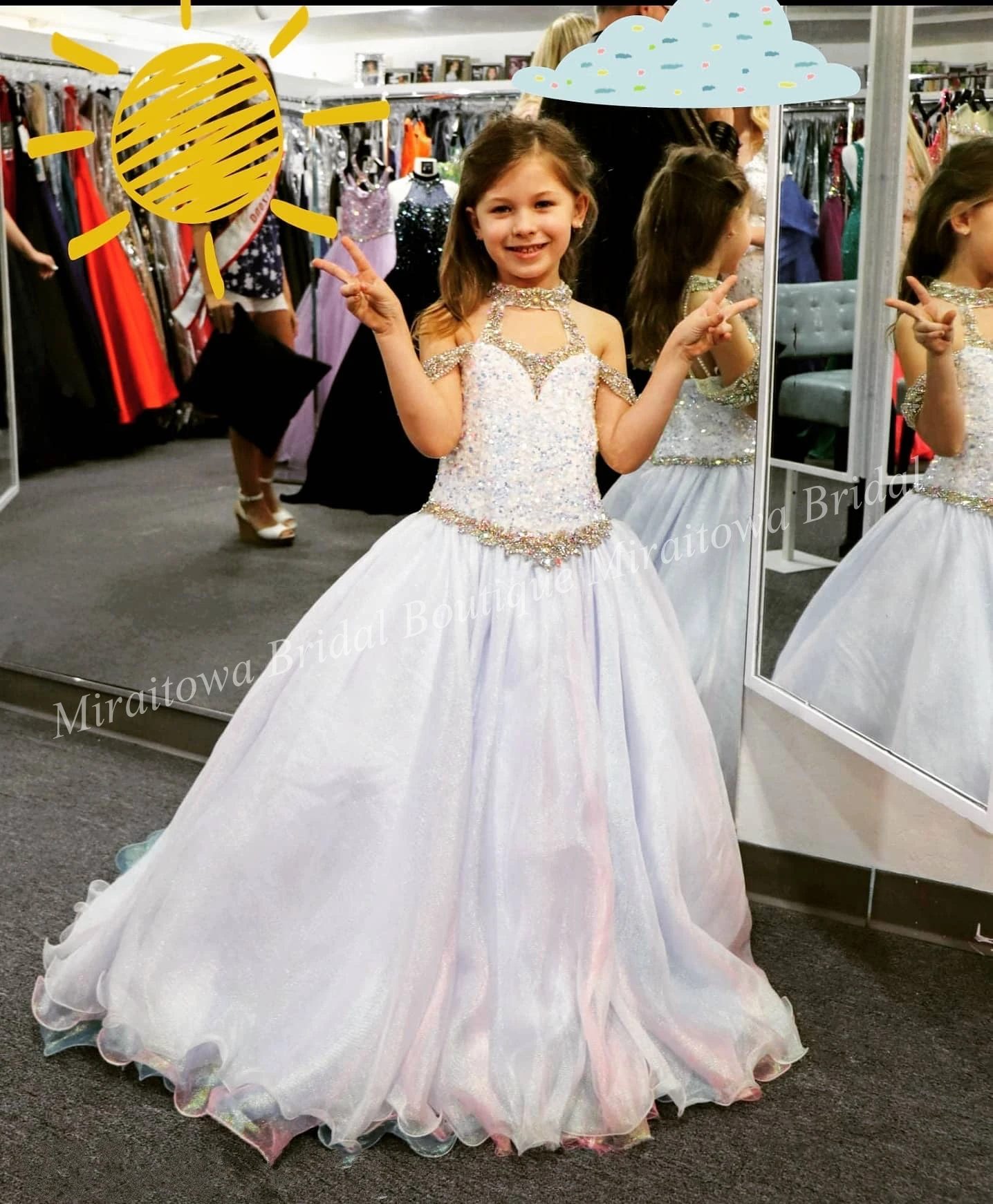 2023 Girls Pageant Dresses unicorn Plus Size Zipper Halter Real-Picture Beading Organza Little Girl Birthday Crystal AB Stones