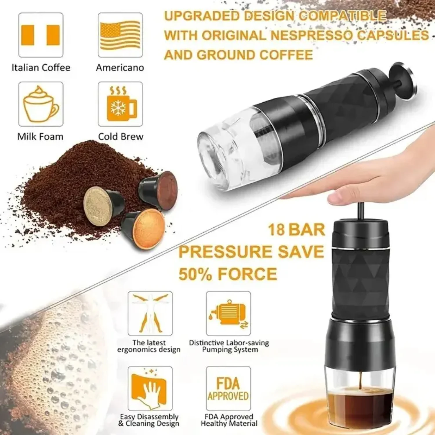 Nuova macchina da caffè portatile compatta a pressione manuale Mini Espresso Capsule per viaggi-Perfect On-the-Go Brewing con manuale compatto