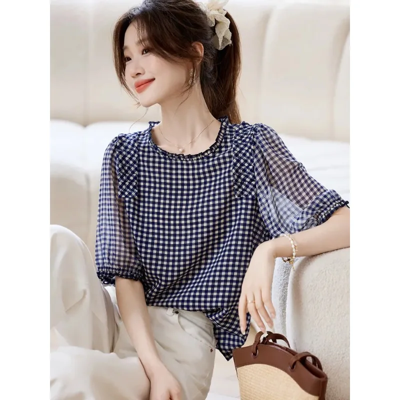 

Summer New Style Chic Checkered Chiffon T-shirt Women's Loose Casual Short Sleeve All Match Round Neck Top Small Shirt