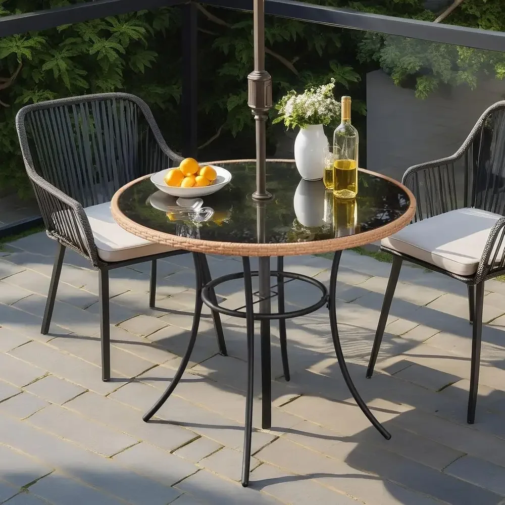35.6 Round Outdoor Dining Table, Weather-Resistant Steel & Glass Top, Umbrella Hole, Suitable for Patio, Garden, Backyard, Pools