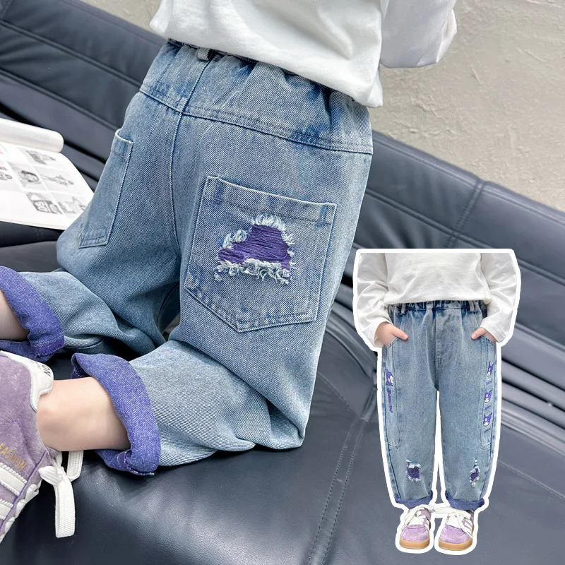 New Cartoon Kuromi Girls Jeans Anime Sanrios Fashion Children's Versatile Elastic Waist Trouser Spring Autumn Korean Casual Pant