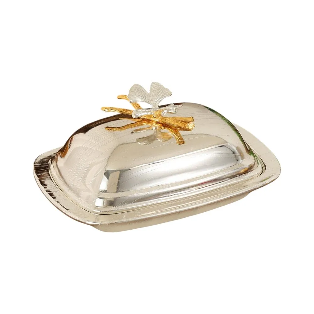1Pc Gold Metal Butter Dish With Ginkgo Leaf Ornament Secure Lid For Elegant Table Setting Kitchen Storage Box