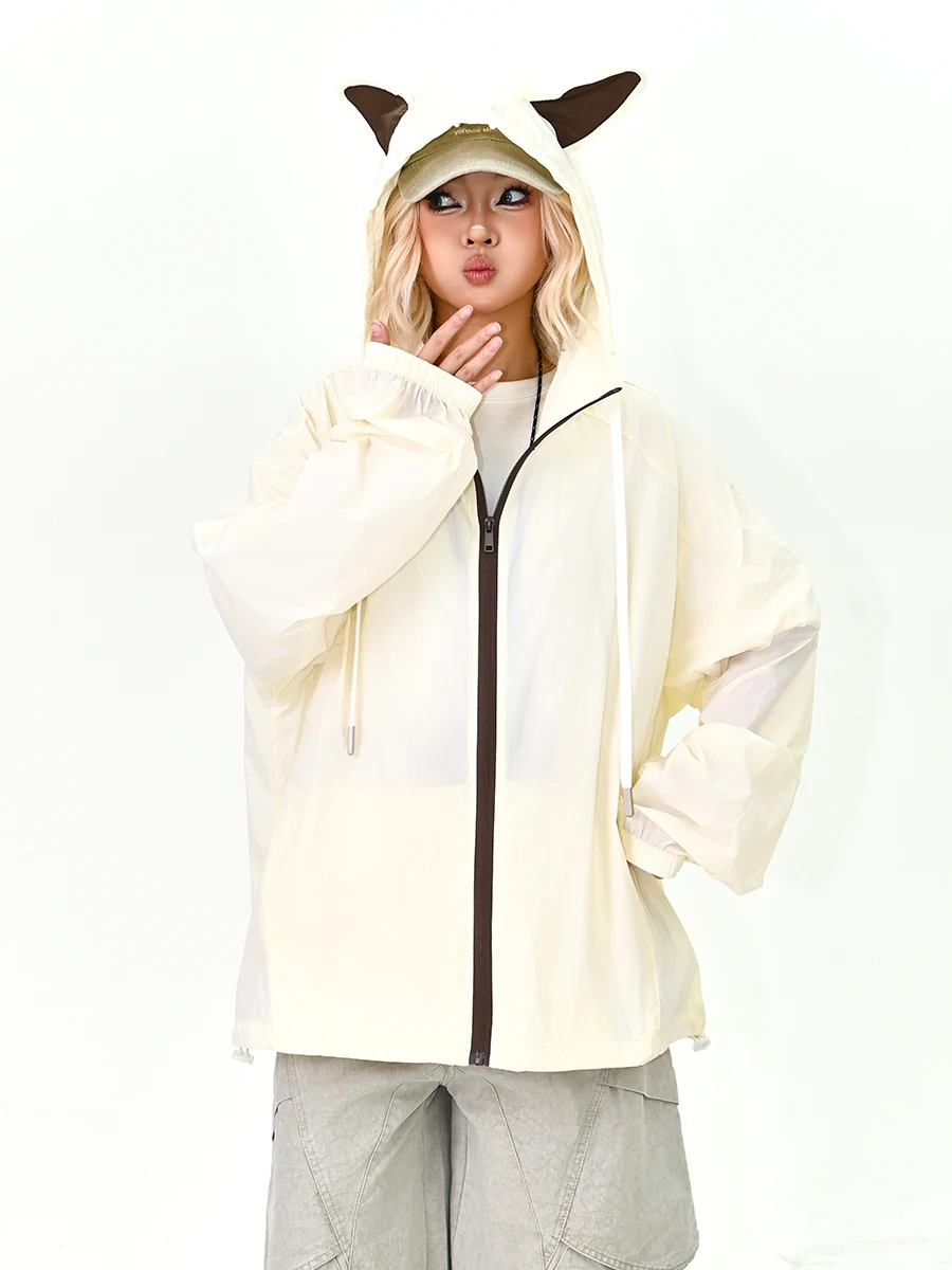 

Street Sle Loose Fit Women's Hoodie Jaet Demon Horn Color Blo Spring 2026 New Faion Brand PMFIVEE Long Sve Coat