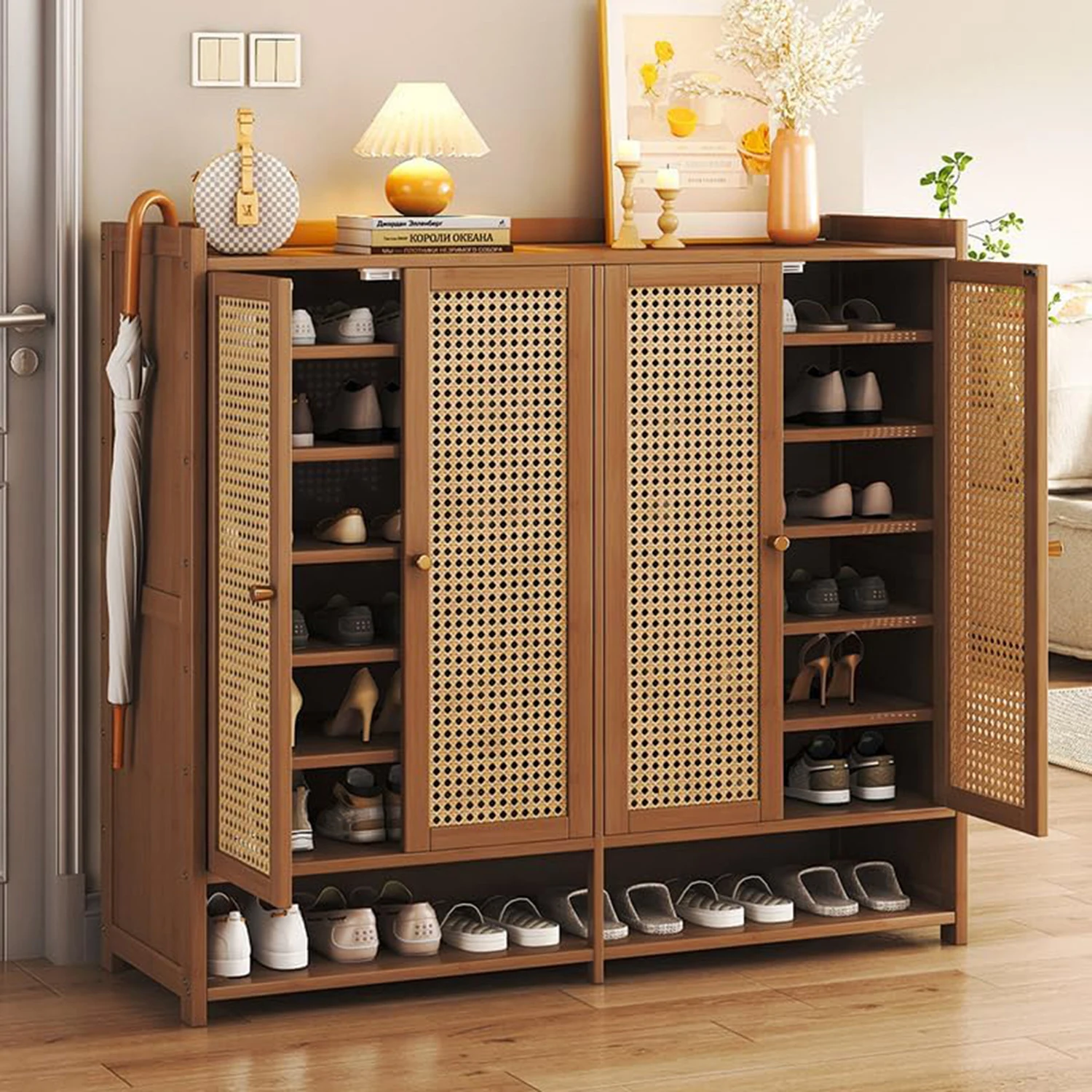 8 Tier Bamboo Shoe Storage Cabinet with Doors, 38-42 Pairs Shoe Rack for Closet, Rattan Storage Cabinet with Doors for Hallway L