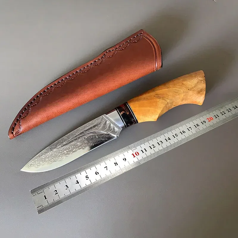 VG10 Damascus Steel Fixed Blade Knife Wooden Handle Outdoor Camping Survival Hunting Tool Knifes With Leather Case