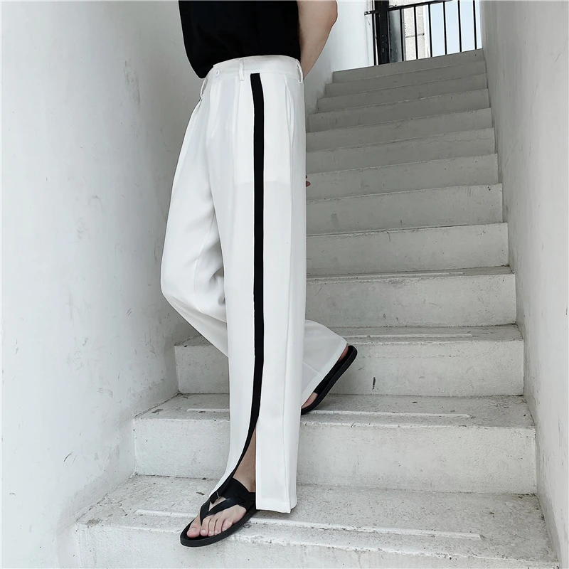 

Летние тонкие широкие мужские брюки свободного кроя, повседневные прямые брюки-костюм, драпированные, цветные, молодежный стиль, из смесового полиэстера, длинные штаны